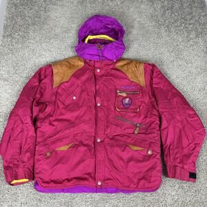 Vintage Nevica Ski Jacket Mens 40 Pink Chinook Hooded Leather Trim Recco 90s